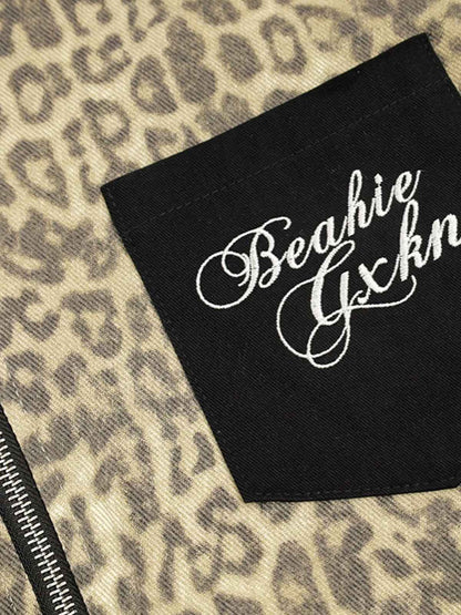 Leopard Embroidered Pocket Color Block Denim Jacket; Leopard / M, Leopard / L, Leopard / XL