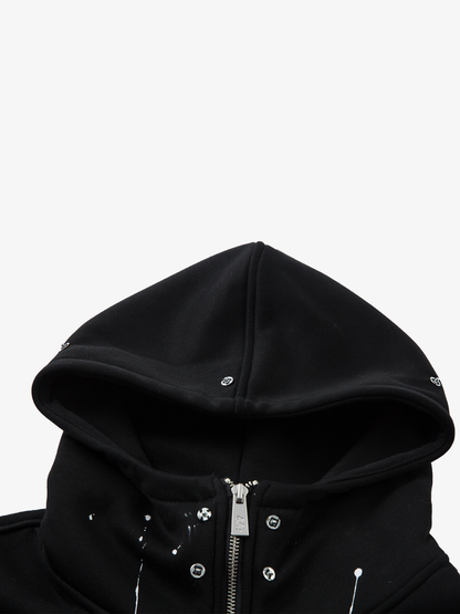 Fur-Trim Paint-Splatter Zip Hoodie; Black / M, Black / L, Black / XL
