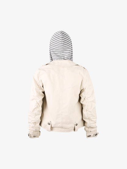 Detachable Striped-Hood Crop Jacket; Apricot / M, Apricot / L, Apricot / XL, Apricot / 2XL