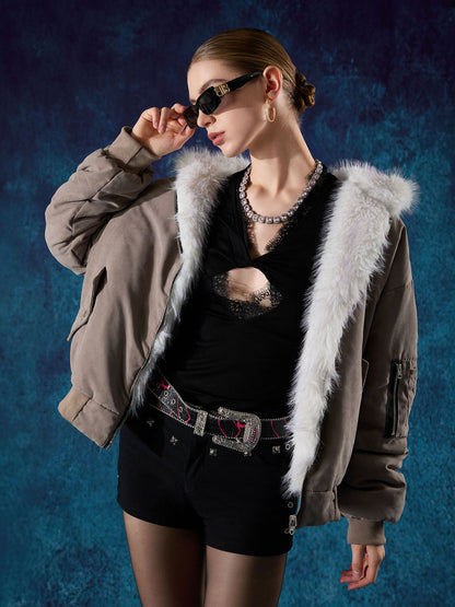 Oversized Reversible Fur Hooded Jacket - 2544; Gray / S, Gray / M, Gray / L, Gray / XL, Gray / 2XL