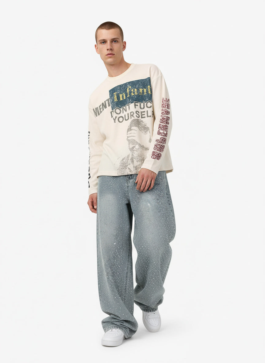 Waffle Knit Graphic Print Crewneck Sweatshirt - 2496; Apricot / S, Apricot / M, Apricot / L, Apricot / XL, Apricot / 2XL, Apricot / 3XL