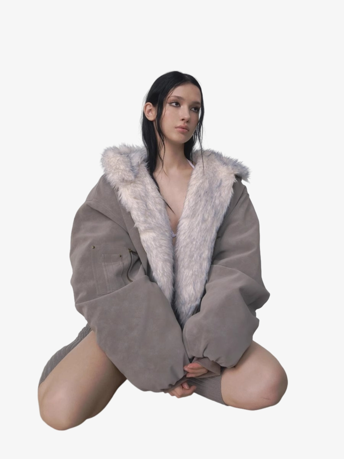 Oversized Reversible Fur Hooded Jacket - 2544; Gray / S, Gray / M, Gray / L, Gray / XL, Gray / 2XL