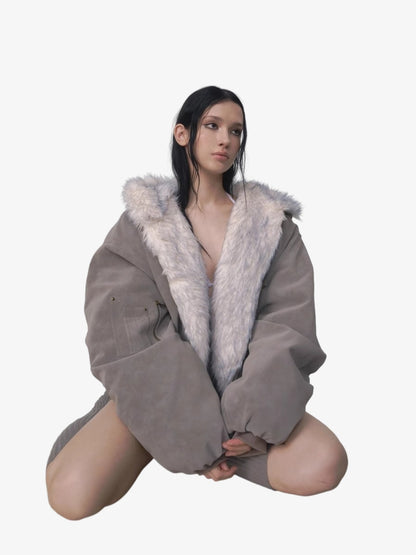Oversized Reversible Fur Hooded Jacket - 2544; Gray / S, Gray / M, Gray / L, Gray / XL, Gray / 2XL