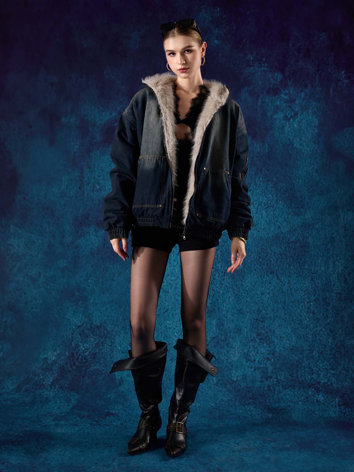 Cotton Washed Fur Hooded Jacket - 2265; Deep Blue / S, Deep Blue / M, Deep Blue / L, Deep Blue / XL, Deep Blue / 2XL, Deep Blue / 3XL