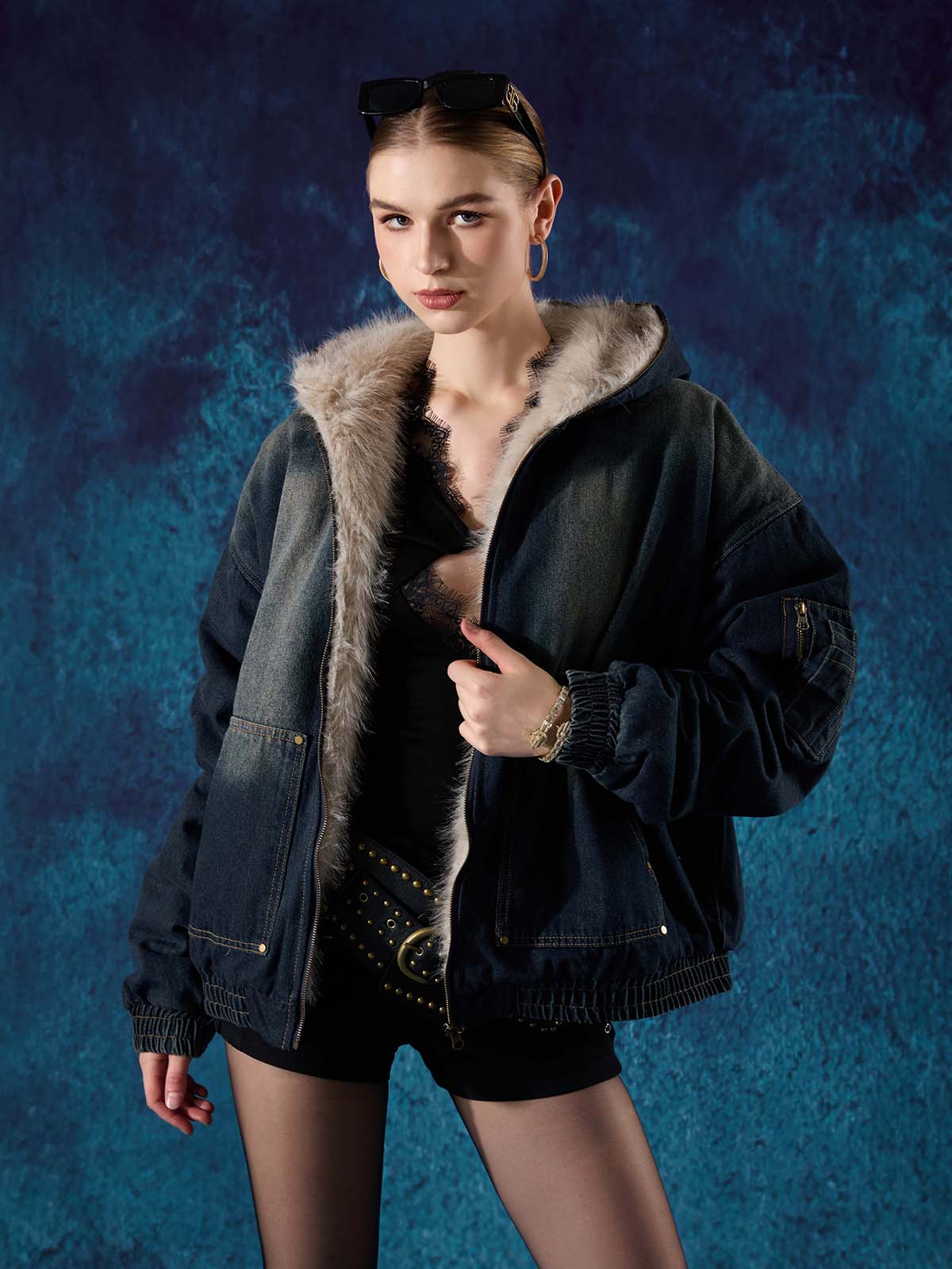 Cotton Washed Fur Hooded Jacket - 2265; Deep Blue / S, Deep Blue / M, Deep Blue / L, Deep Blue / XL, Deep Blue / 2XL, Deep Blue / 3XL