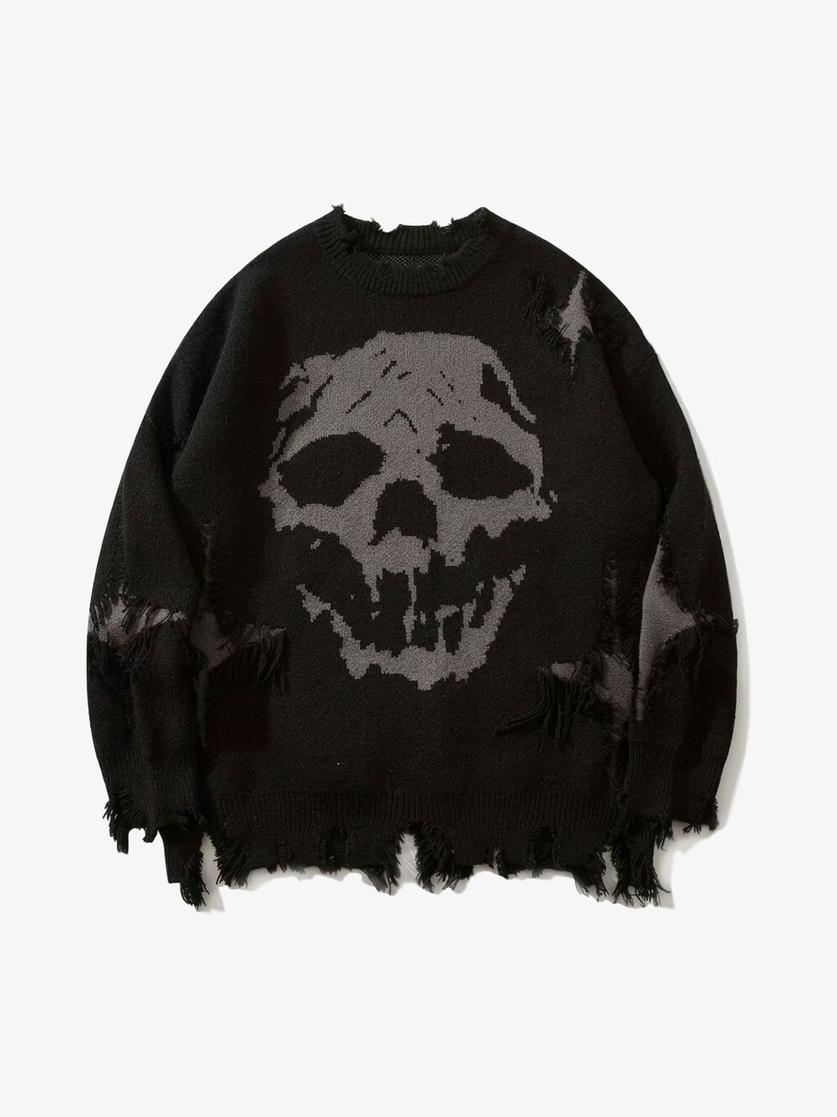 Distressed Skull Jacquard Sweater; Black / S, Black / M, Black / L, Black / XL, Black / 2XL