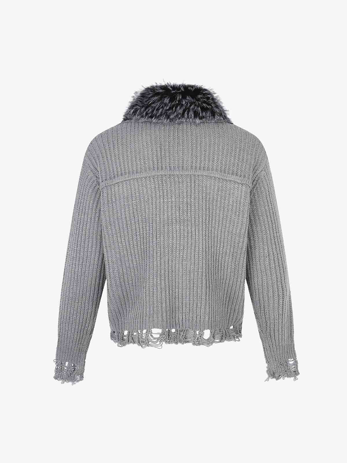 Faux-Fur Collar Distressed Knit Cardigan