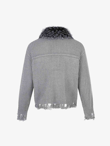 Faux-Fur Collar Distressed Knit Cardigan