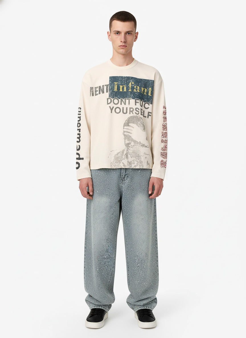 Waffle Knit Graphic Print Crewneck Sweatshirt - 2496; Apricot / S, Apricot / M, Apricot / L, Apricot / XL, Apricot / 2XL, Apricot / 3XL