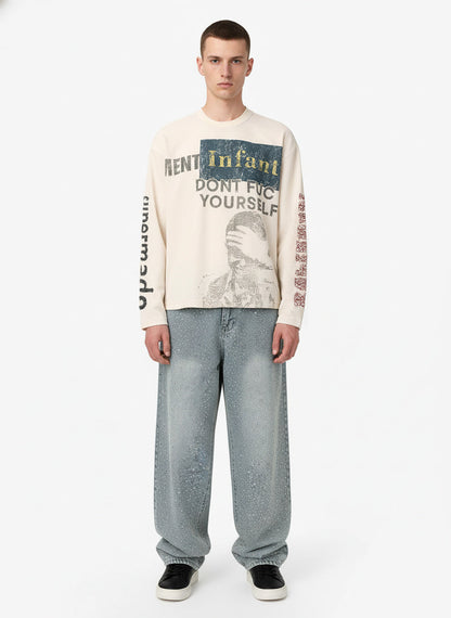 Waffle Knit Graphic Print Crewneck Sweatshirt - 2496; Apricot / S, Apricot / M, Apricot / L, Apricot / XL, Apricot / 2XL, Apricot / 3XL