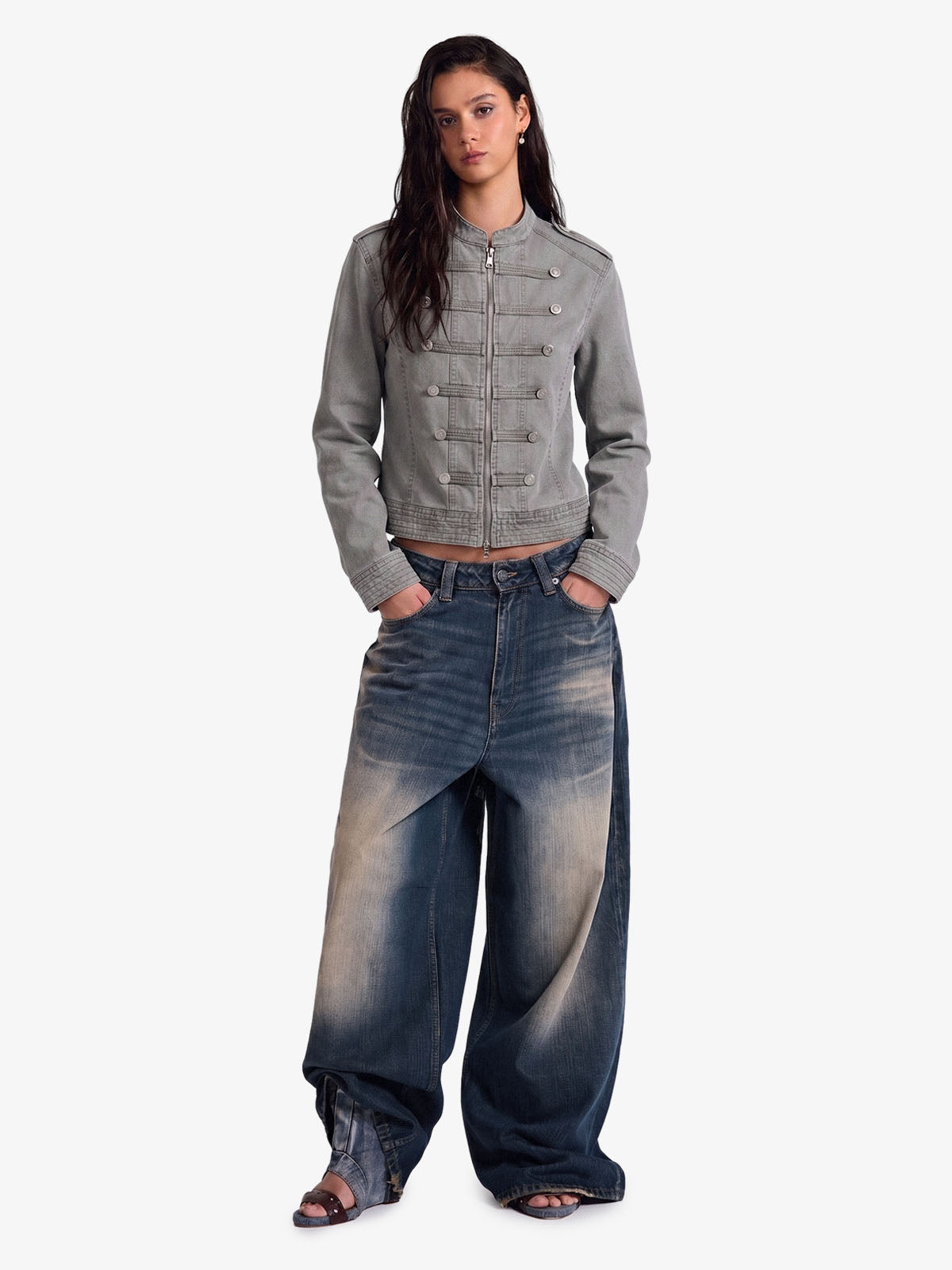 Military Napoleon Button Slim Jacket; Gray / S, Gray / M, Gray / L, Gray / XL