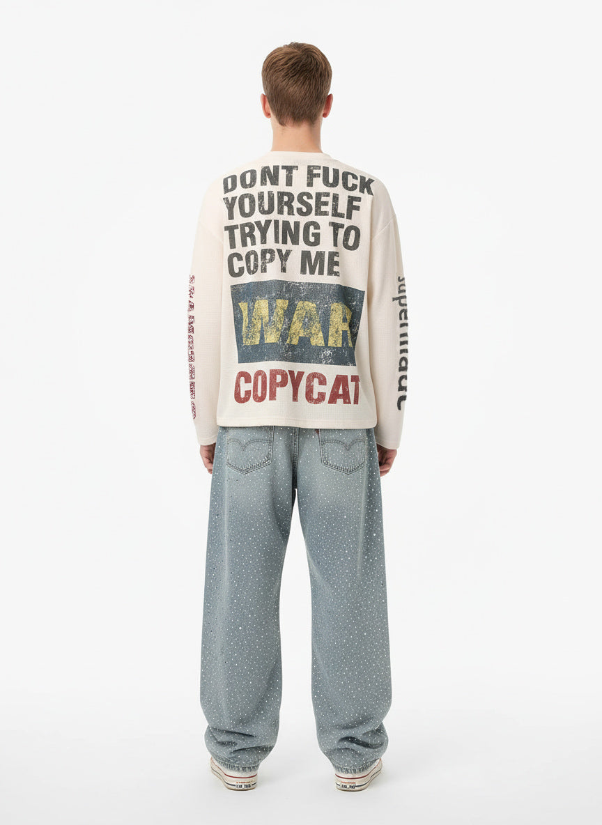 Waffle Knit Graphic Print Crewneck Sweatshirt - 2496; Apricot / S, Apricot / M, Apricot / L, Apricot / XL, Apricot / 2XL, Apricot / 3XL
