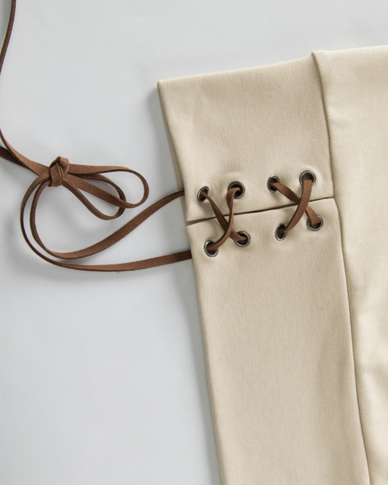 Lace-Up Detail Fitted Short Sleeve Top