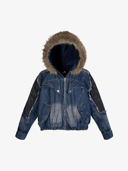 Patchwork Distressed Faux-Fur Collar Denim Jacket; Blue / M, Blue / L, Blue / XL, Blue / S