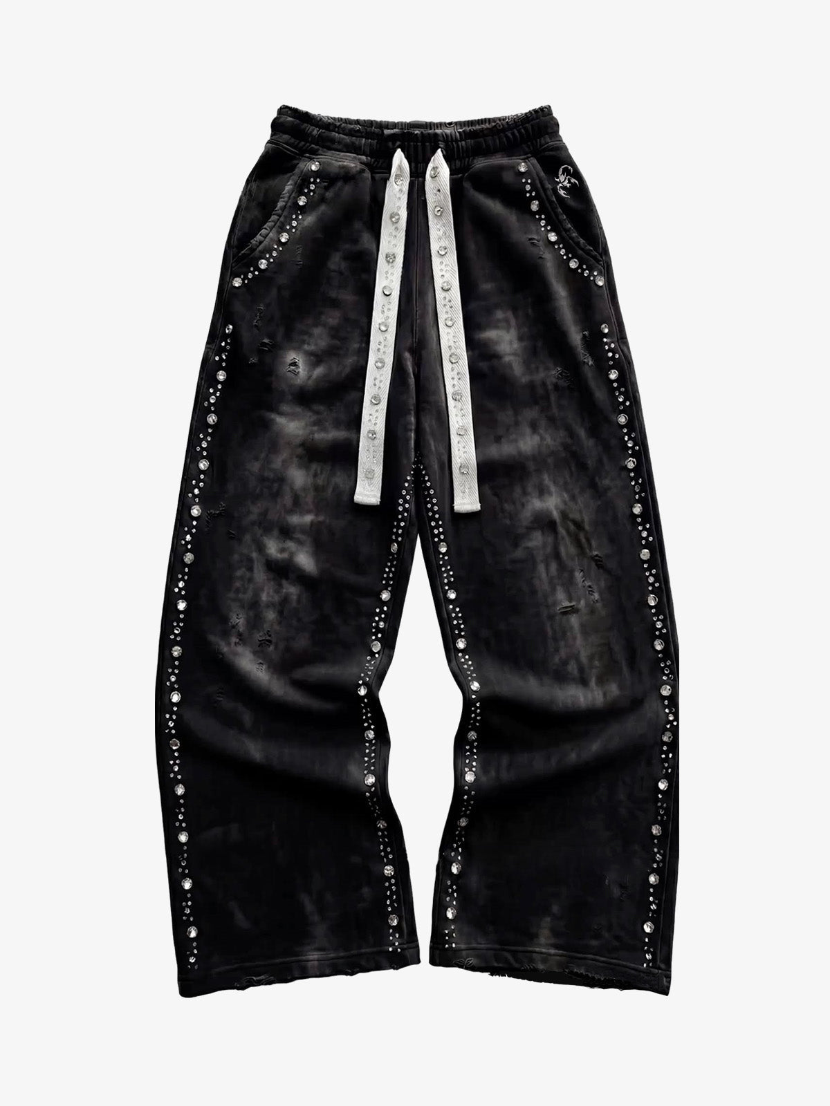 Distressed Rhinestone Sweatpants; Black / S, Black / M, Black / L, Black / XL, Black / 2XL