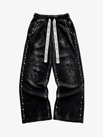 Distressed Rhinestone Sweatpants; Black / S, Black / M, Black / L, Black / XL, Black / 2XL