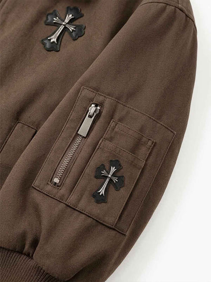 Embroidered Faux-Fur Collar Oversized Distressed Bomber Jacket; Brown / S, Brown / M, Brown / L, Brown / XL, Brown / 2XL