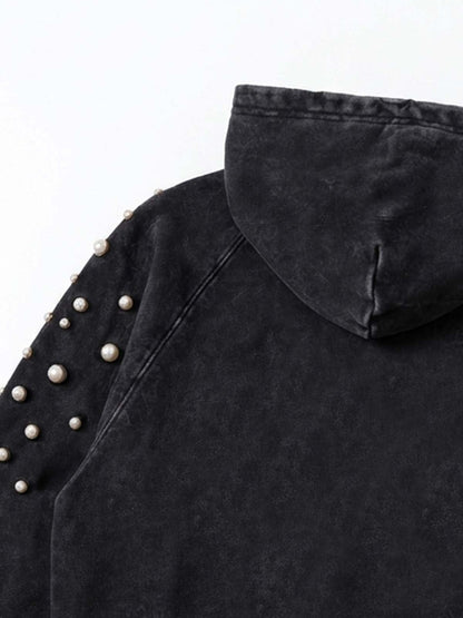 Pearl Studded Washed Distressed Cropped Hoodie