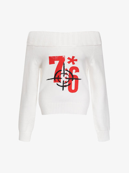 "76" Print Off-Shoulder Sweater