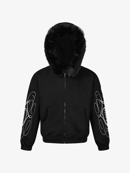 Fur-Trim Sleeve Graphic Zip Hoodie; Black / M, Black / L, Black / XL, Black / 2XL