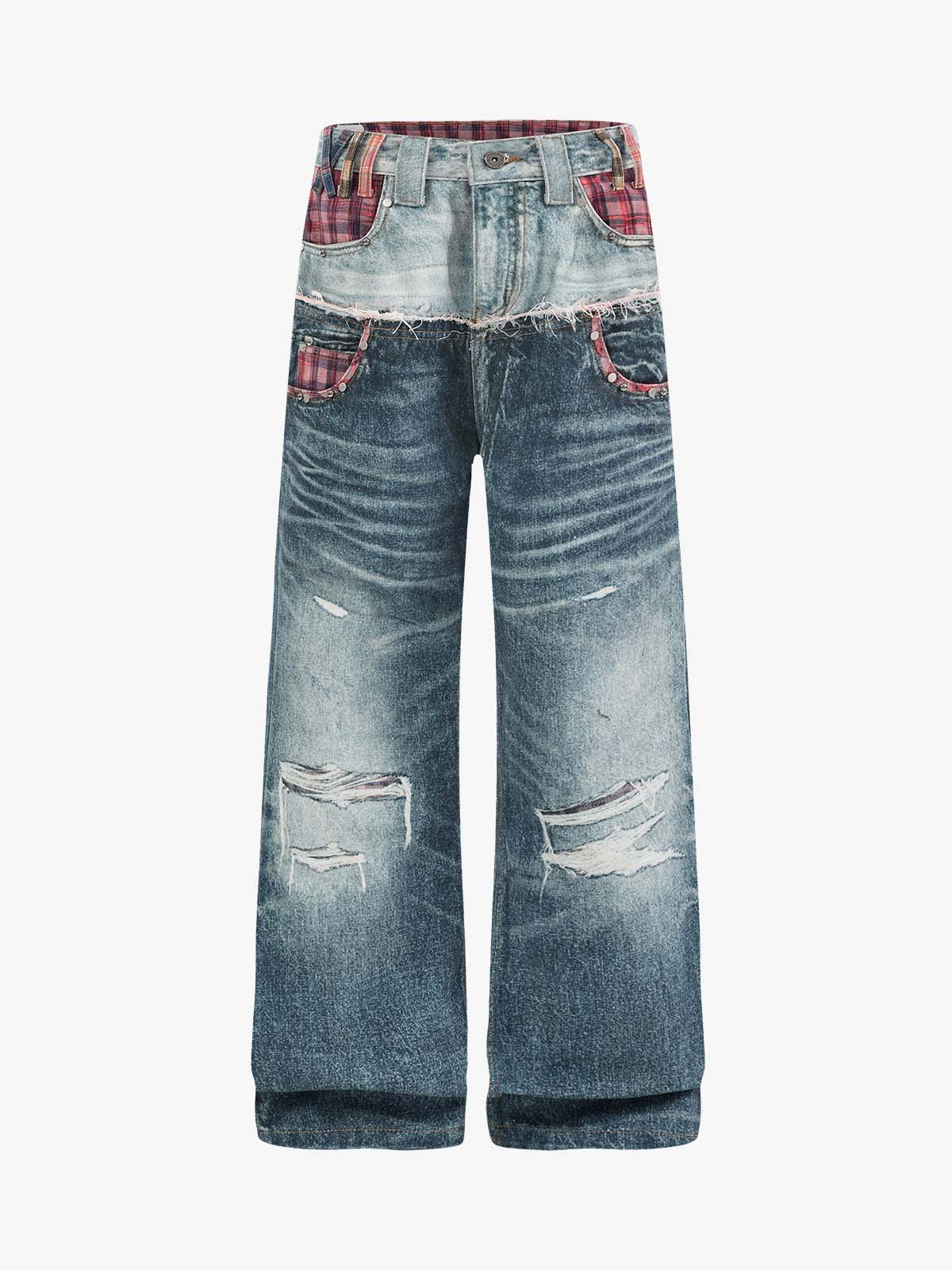 3D Grid Patchwork Distressed Jeans