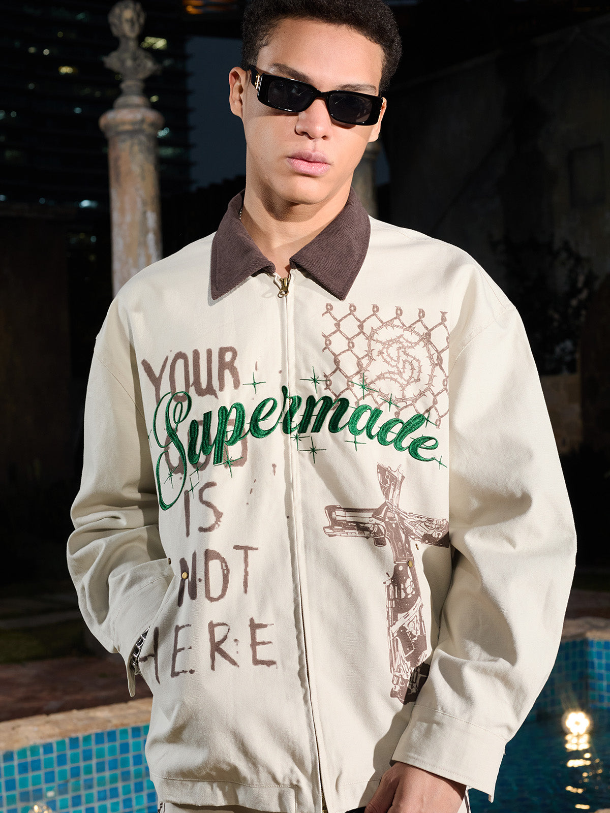 Supermade Slogan Print Color-Blocked Embroidered Retro Canvas Jacket; Off-White / S, Off-White / M, Off-White / L, Off-White / XL, Off-White / 2XL