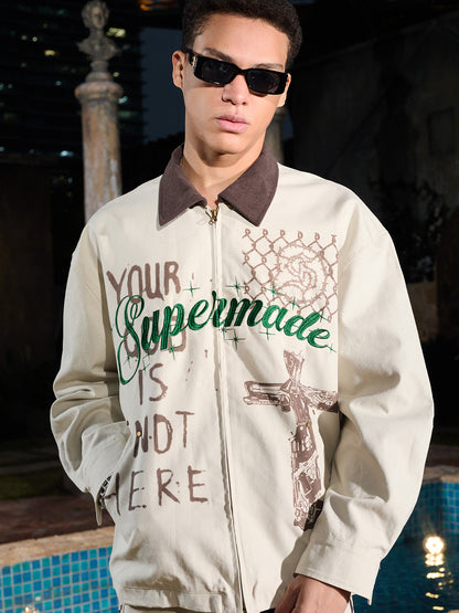 Supermade Slogan Print Color-Blocked Embroidered Retro Canvas Jacket; Off-White / S, Off-White / M, Off-White / L, Off-White / XL, Off-White / 2XL
