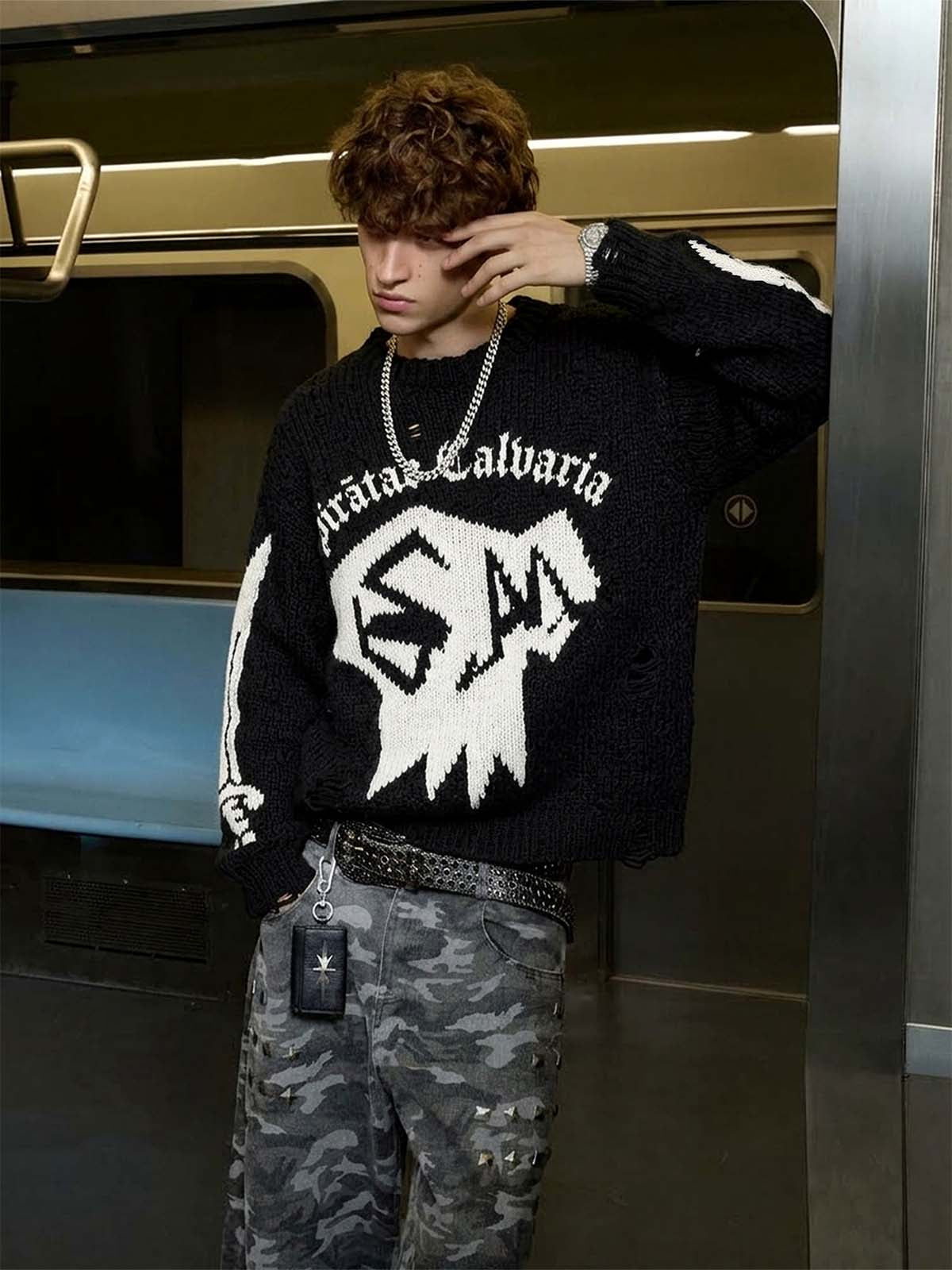 Salt Bones Skull Graphic Knit Sweater; Basic Black / S, Basic Black / M, Basic Black / L, Basic Black / XL, Basic Black / 2XL