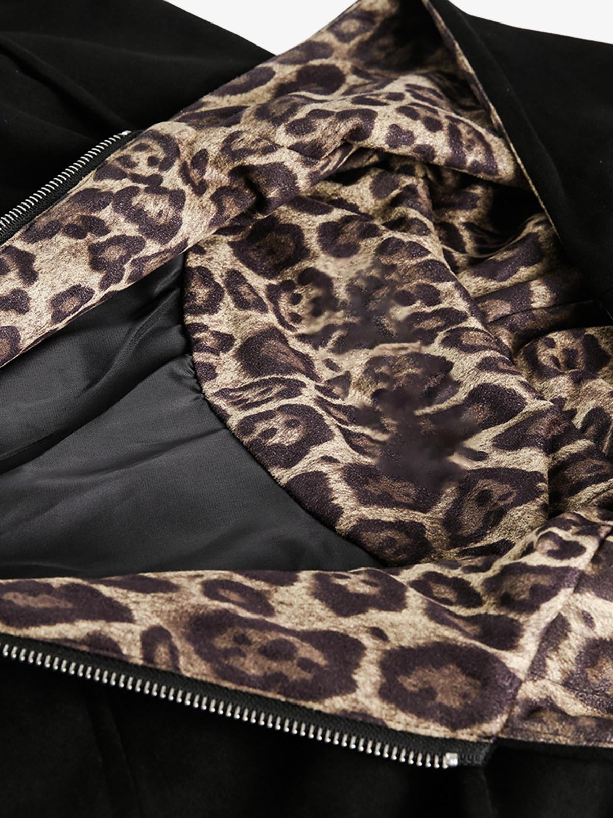 Suede Leopard-Trimmed Paneled Bomber Jacket; Black / S, Black / M, Black / L, Black / XL