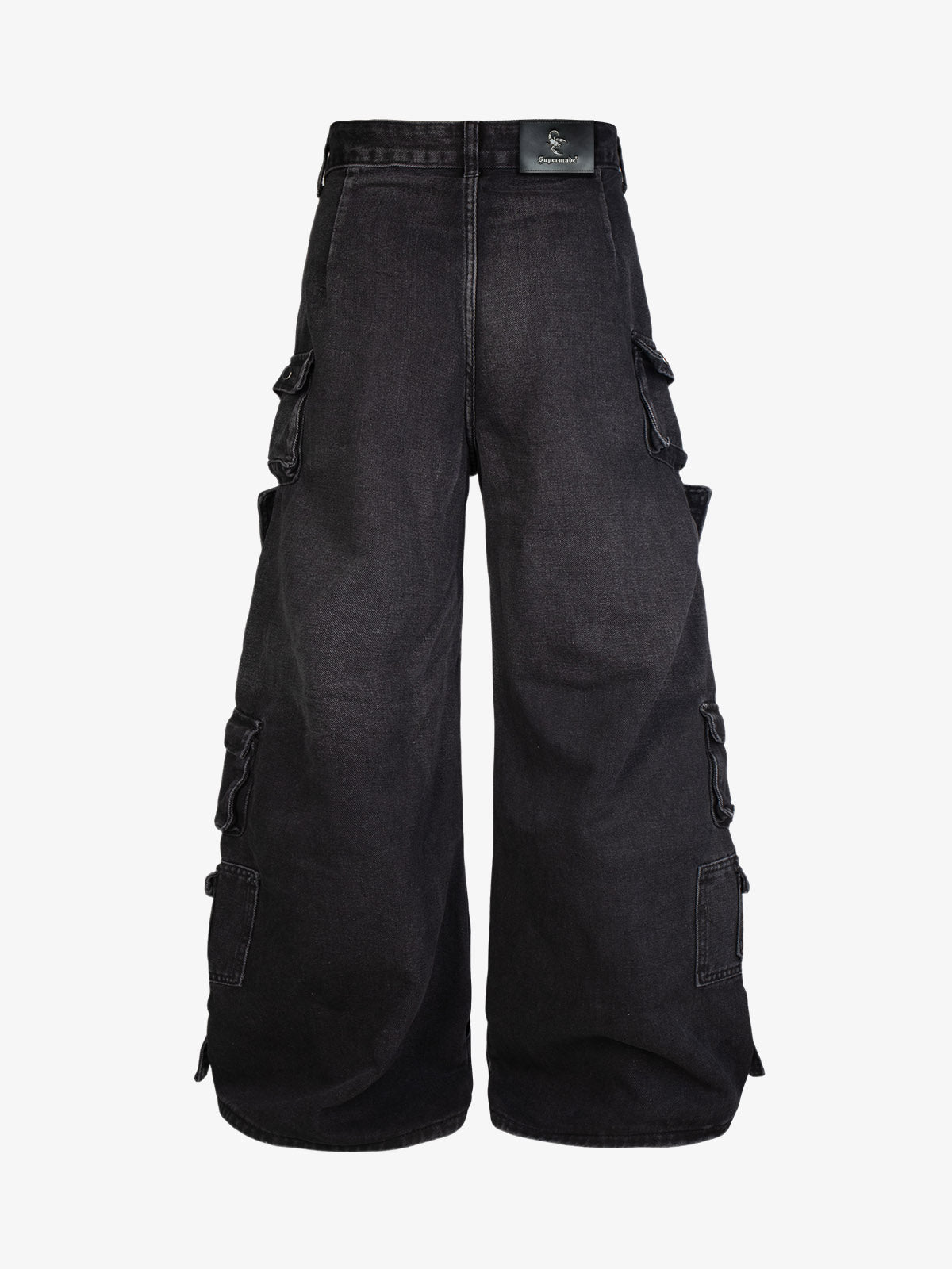 Washed Multi-Pocket Curved-Seam Cargo Jeans; Black / S, Black / M, Black / L, Black / XL