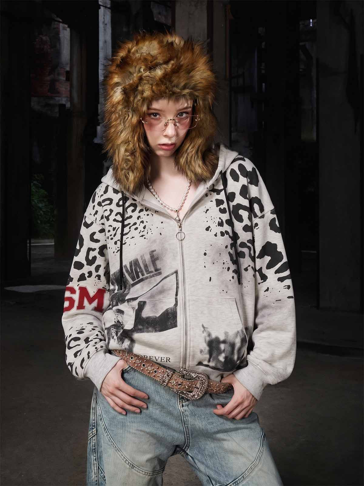 Leopard Logo Appliqué Distressed Hoodie; Gray / S, Gray / M, Gray / L, Gray / XL, Gray / 2XL