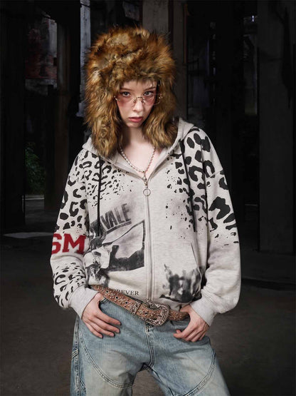 Leopard Logo Appliqué Distressed Hoodie; Gray / S, Gray / M, Gray / L, Gray / XL, Gray / 2XL
