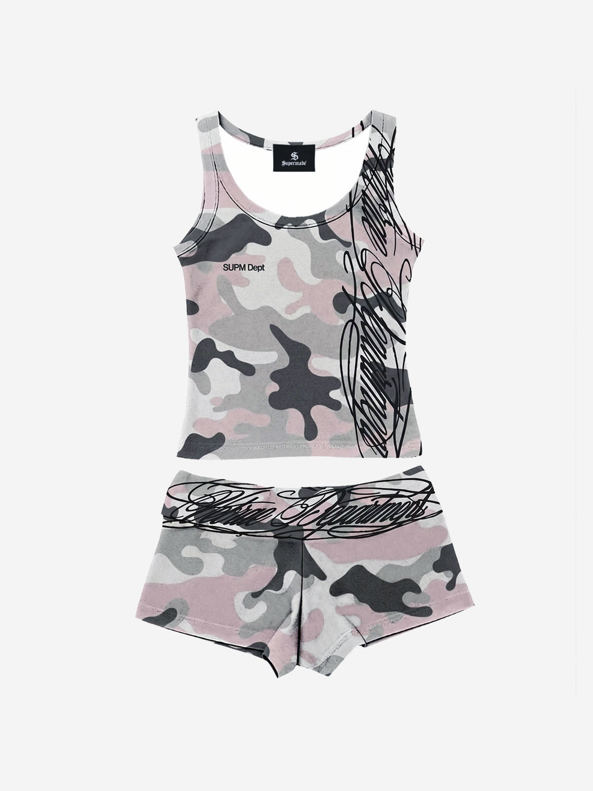 Y2K Camo Graffiti Tank Set; White Pink / S, White Pink / M, White Pink / L