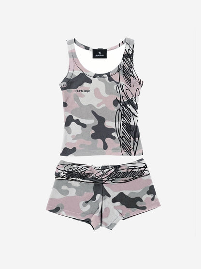 Y2K Camo Graffiti Tank Set; White Pink / S, White Pink / M, White Pink / L