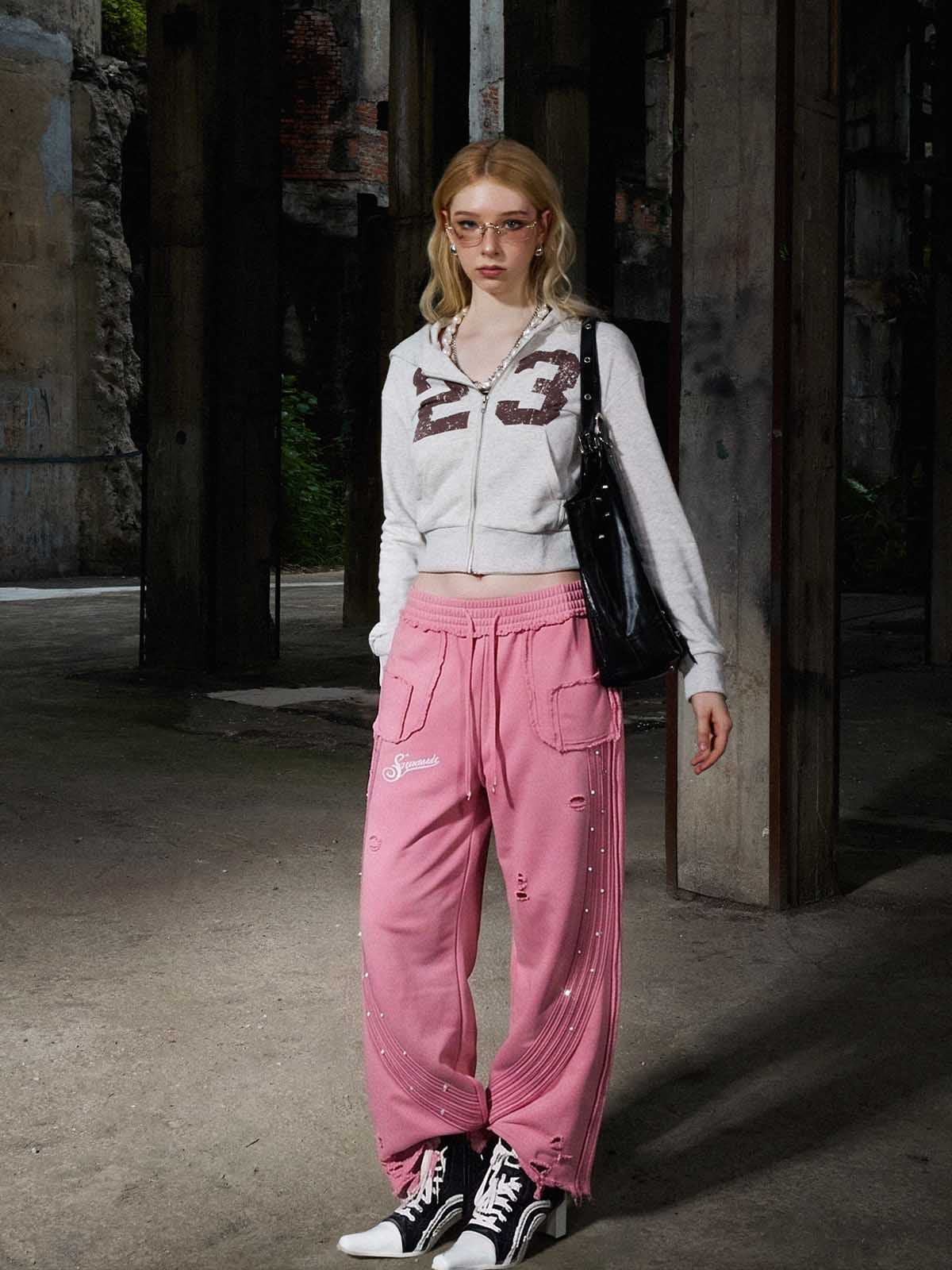 Asymmetrical Logo Embroidered Pants; Pink / S, Pink / M, Pink / L, Pink / XL, Pink / 2XL