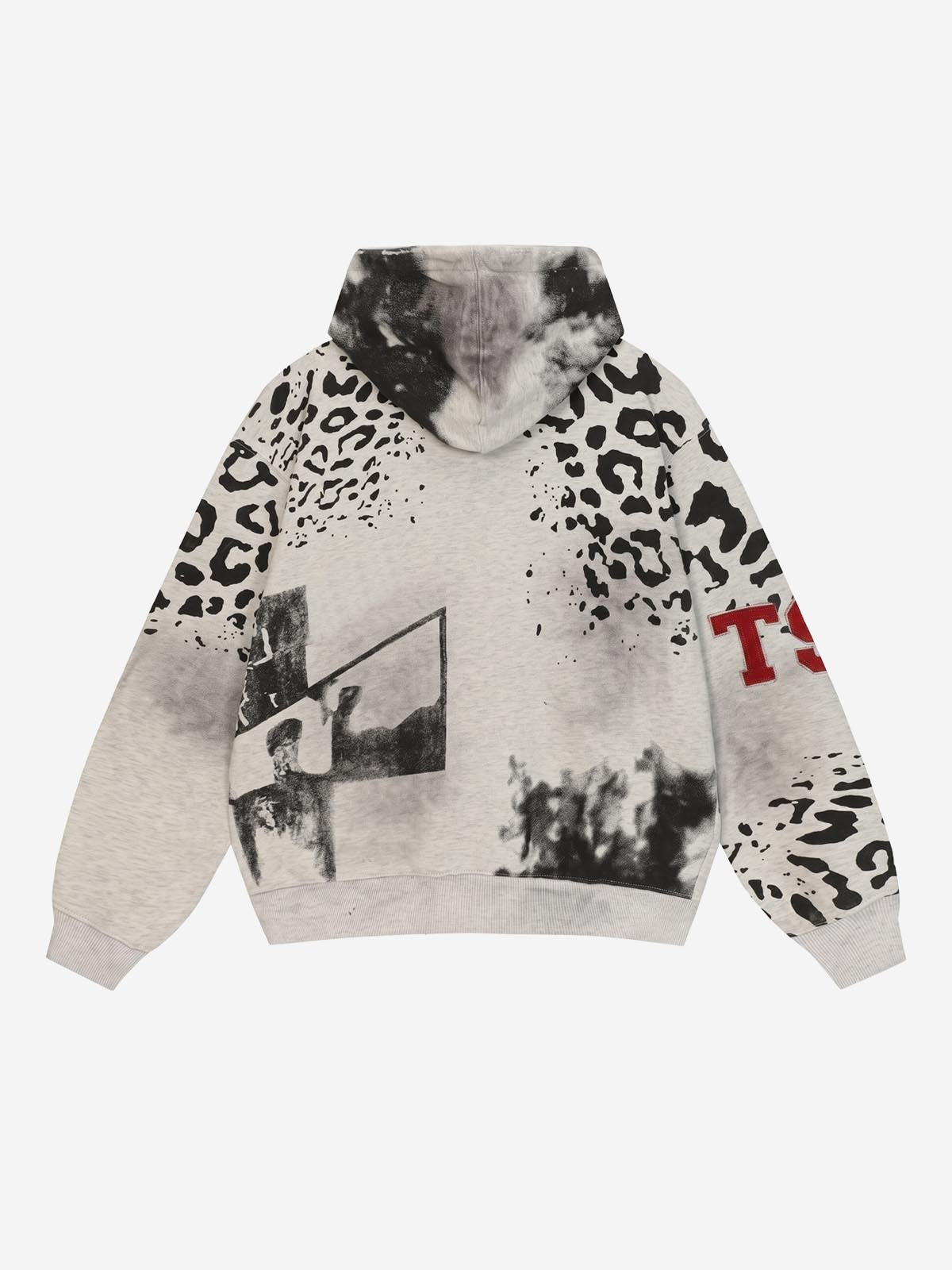 Leopard Logo Appliqué Distressed Hoodie; Gray / S, Gray / M, Gray / L, Gray / XL, Gray / 2XL
