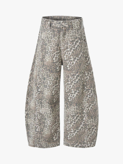 Street Leopard Camouflage Pleated Barrel Jeans; Leopard / S, Leopard / M, Leopard / L, Leopard / XL, Leopard / XXL