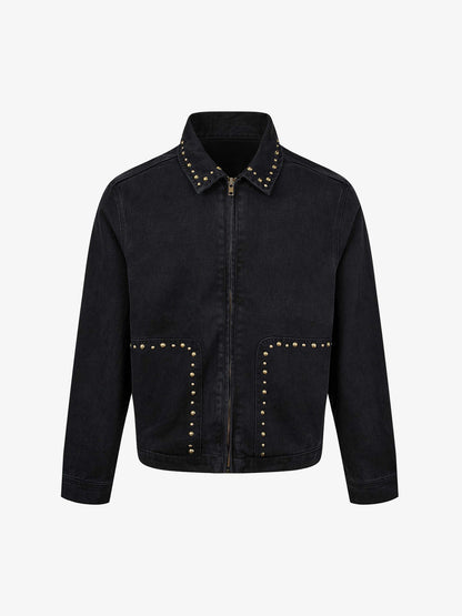Distressed Studded Boxy Fit Denim Jacket; Black / M, Black / L, Black / XL, Black / 2XL