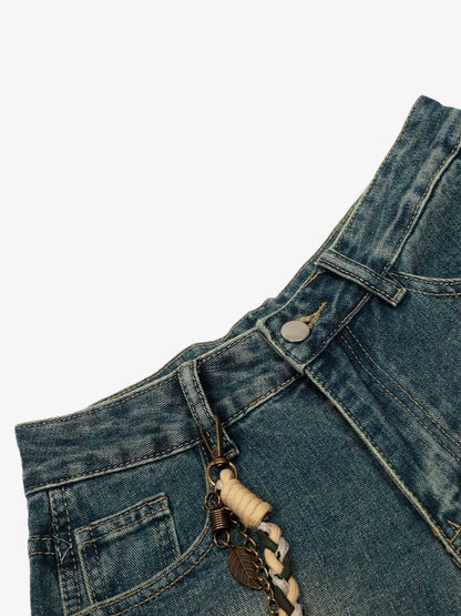 Vintage Inkjet Dirty Dye Washed Scimitar Distressed Jeans; Blue / S, Blue / M, Blue / L, Blue / XL, Blue / 2XL, Blue / 3XL
