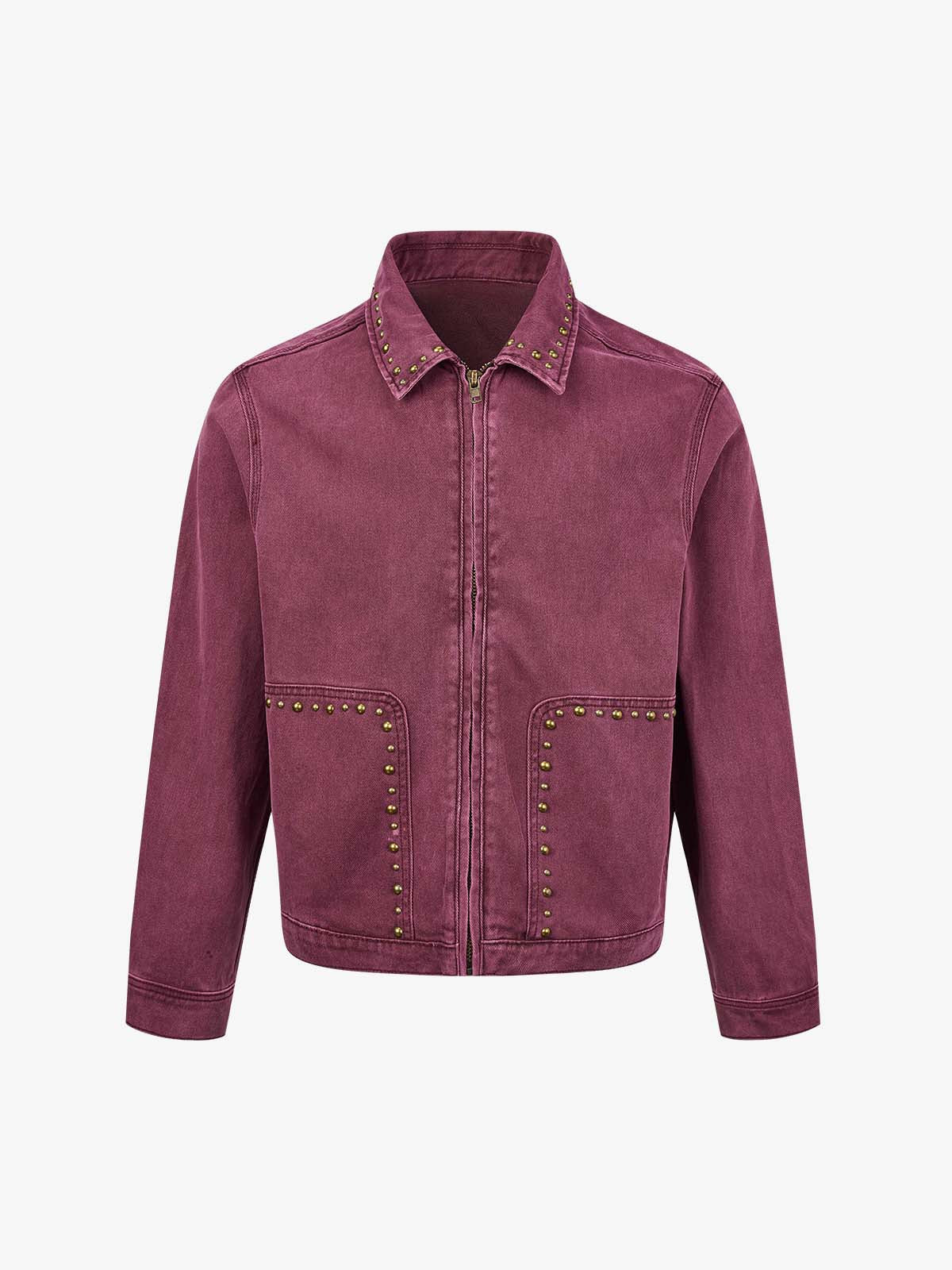 Distressed Studded Boxy Fit Denim Jacket; Wine Red / M, Wine Red / L, Wine Red / XL, Wine Red / 2XL