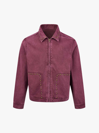 Distressed Studded Boxy Fit Denim Jacket; Wine Red / M, Wine Red / L, Wine Red / XL, Wine Red / 2XL