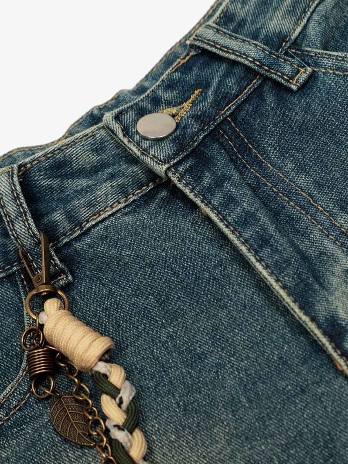 Vintage Inkjet Dirty Dye Washed Scimitar Distressed Jeans; Blue / S, Blue / M, Blue / L, Blue / XL, Blue / 2XL, Blue / 3XL