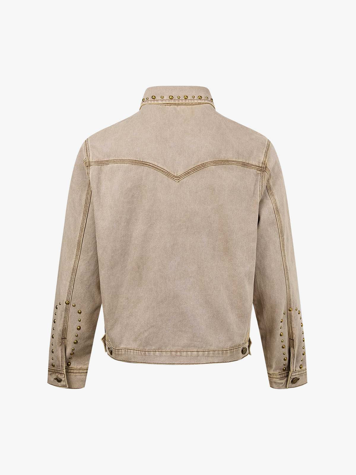 Distressed Studded Boxy Fit Denim Jacket; Light Khaki / M, Light Khaki / L, Light Khaki / XL, Light Khaki / 2XL