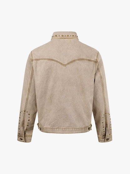 Distressed Studded Boxy Fit Denim Jacket; Light Khaki / M, Light Khaki / L, Light Khaki / XL, Light Khaki / 2XL