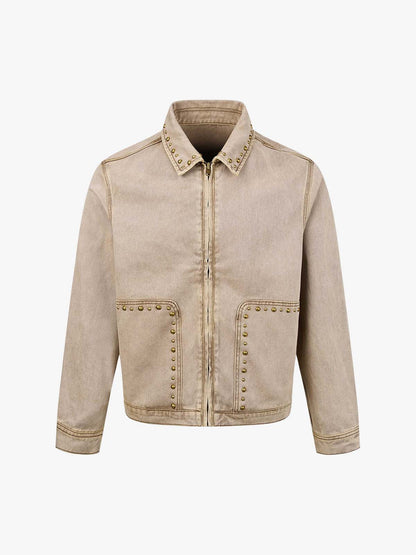 Distressed Studded Boxy Fit Denim Jacket; Light Khaki / M, Light Khaki / L, Light Khaki / XL, Light Khaki / 2XL