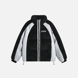 Front view of the black Corduroy Patchwork Padded Retro Puffer Jacket in a gray background