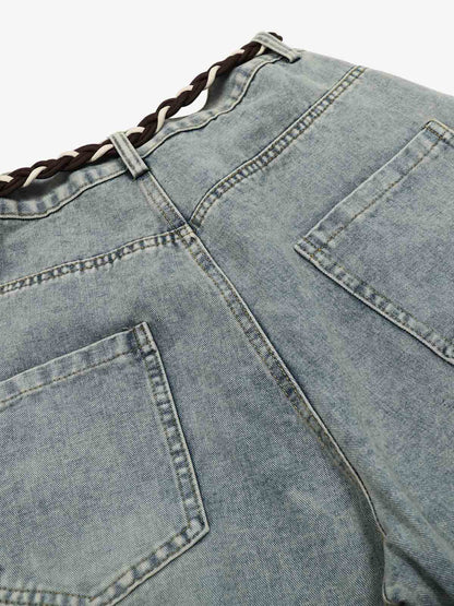 Denim Retro Belt Detail With Patchwork Barrel Jeans - 2490; Blue / S, Blue / M, Blue / L, Blue / XL, Blue / 2XL, Blue / 3XL
