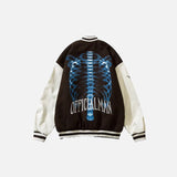Back view of the brown Skeleton Print Embroidery Varsity Jacket in a gray background