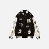 Front view of the Skeleton Print Embroidery Varsity Jacket in a gray background