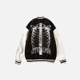 Back view of the black Skeleton Print Embroidery Varsity Jacket in a gray background